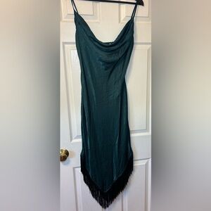 Chic Teal Midi Dress with Fringe Hem